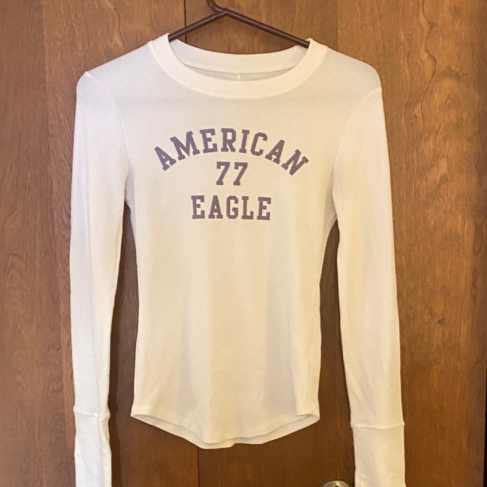 American Eagle Outfitters Cream Long Sleeve Tee with Purple Print